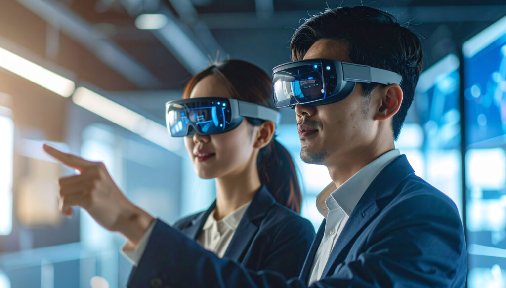 VRゴーグルを付けたスーツの男女