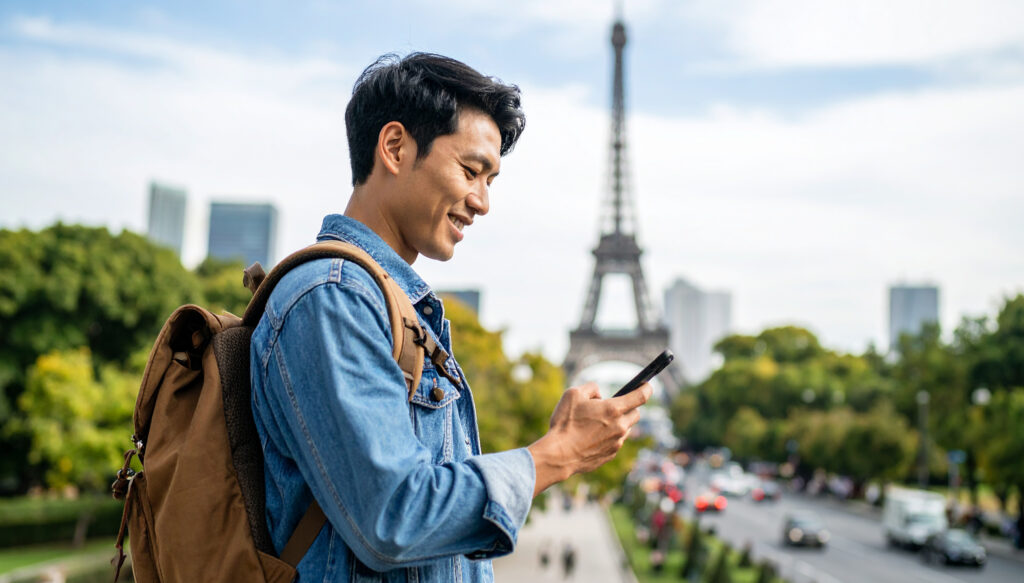 スマートフォンを見る男性、観光旅行
