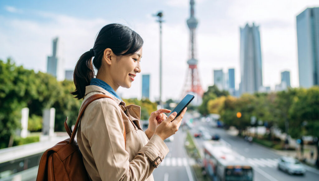 スマートフォンを見る女性、道路