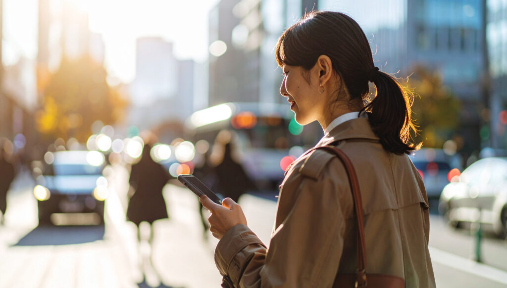 スマートフォンを見る女性、街中