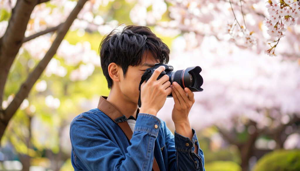 桜をカメラで撮影する男性