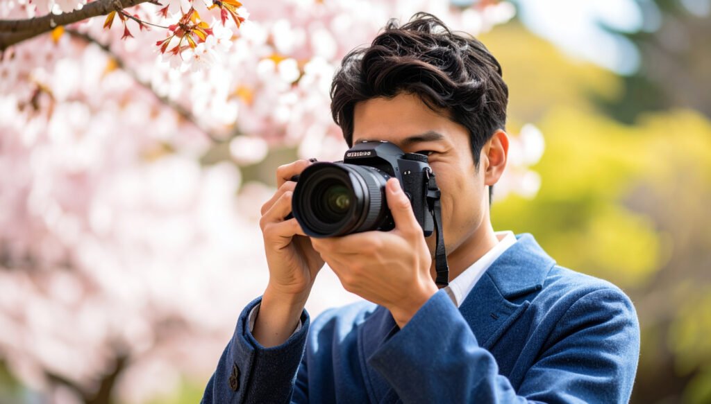 カメラで桜を撮影する男性