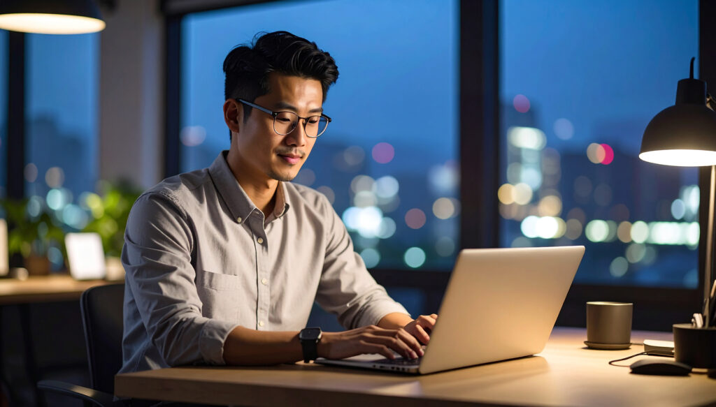 オフィスで残業をする男性