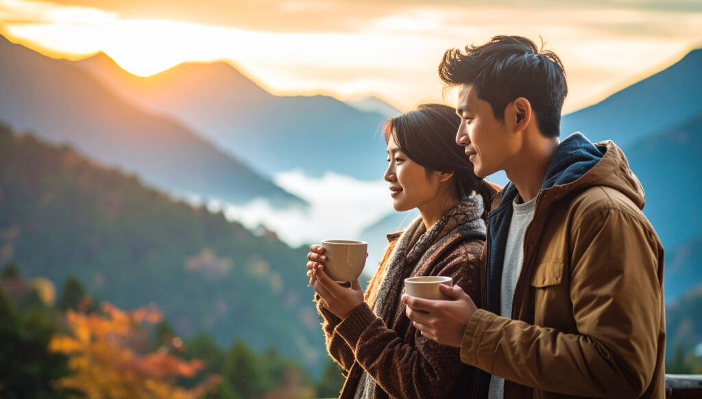 山のキャンプでコーヒーを飲む男女