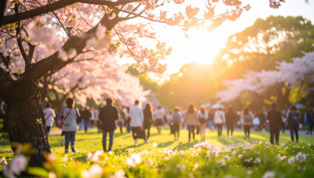 公園のイベントの風景、桜と夕日