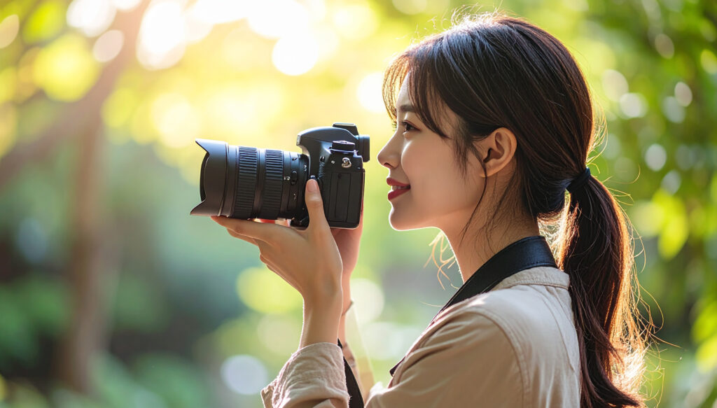 風景を撮影する女性