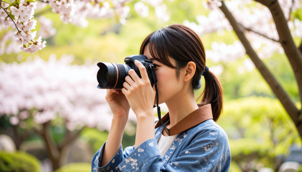 桜をカメラで撮影する女性