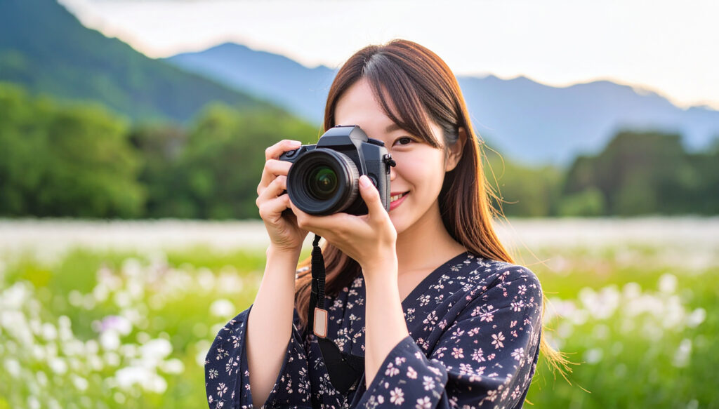 カメラで風景を撮影する女性