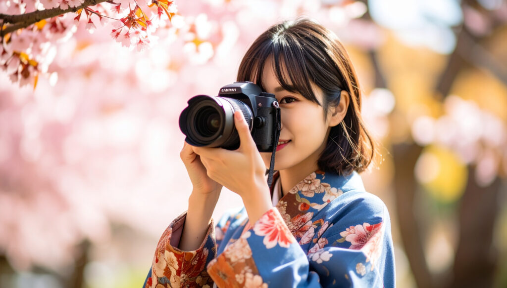 カメラで桜を撮影する女性