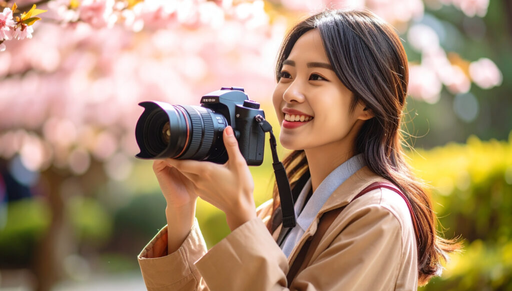 風景を写真撮影する女性