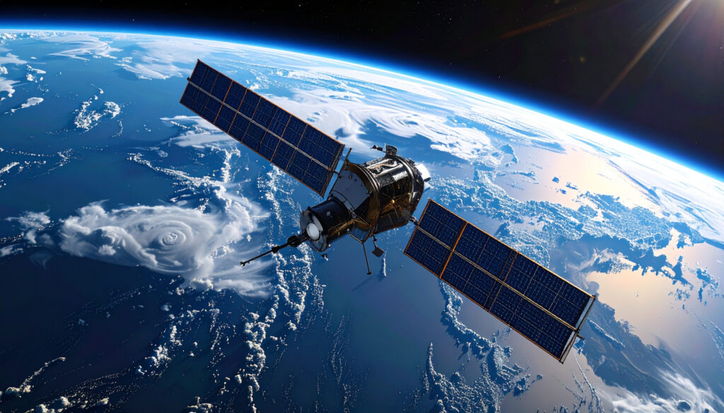 青く輝く地球を周回する人工衛星