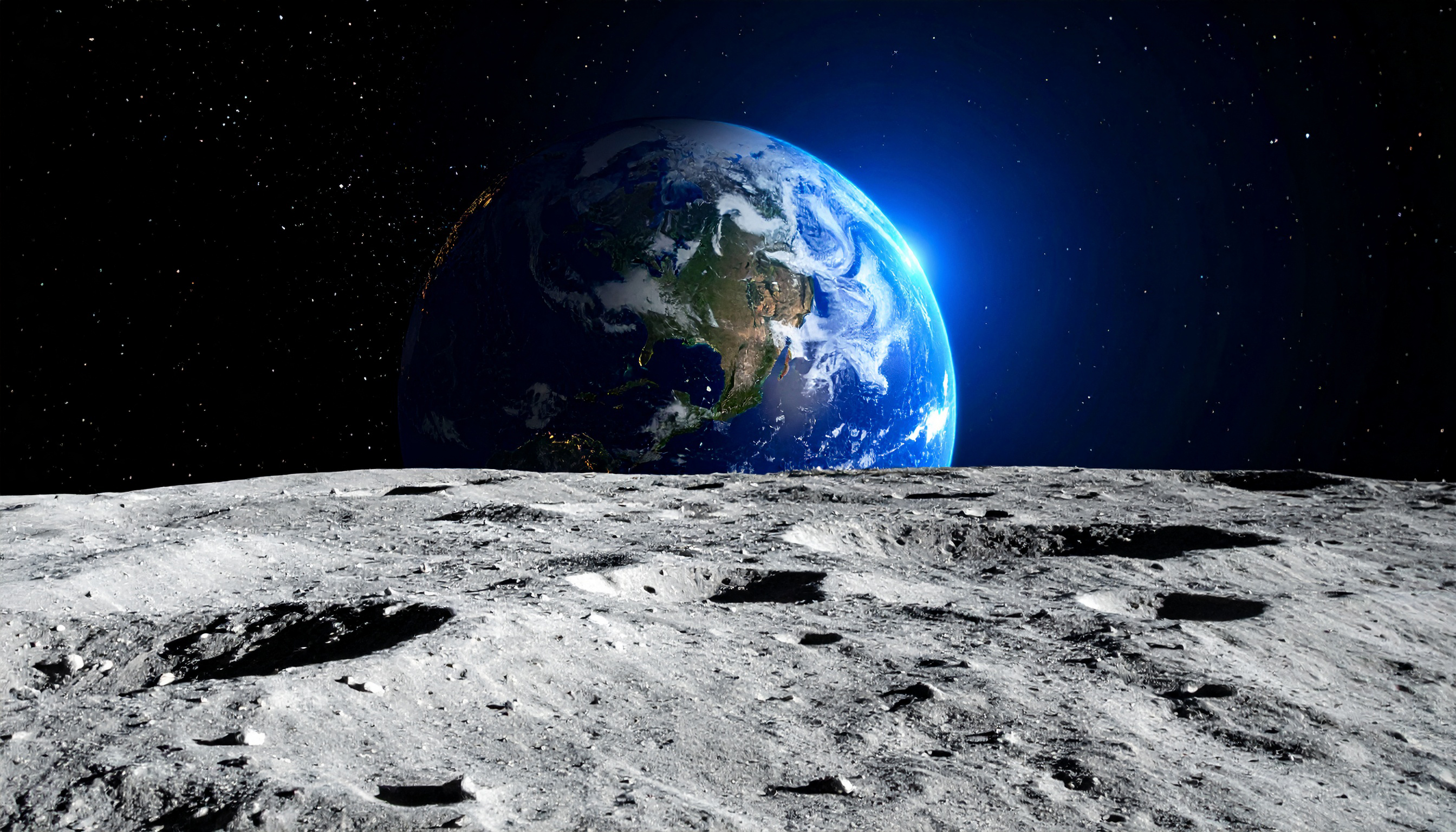 月面から望む、青く輝く地球の姿