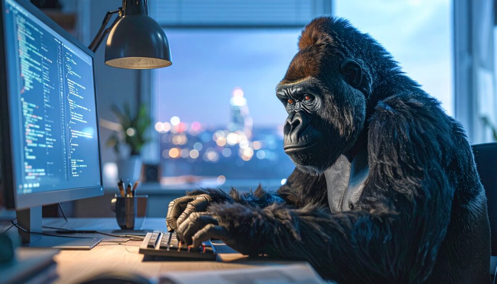 夜のオフィスでコードを書くゴリラ