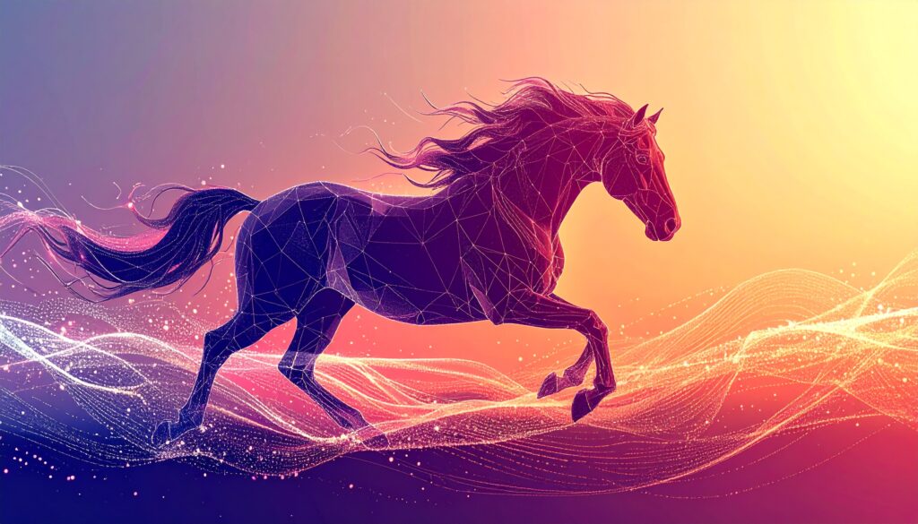 力強く駆け抜ける一頭の馬