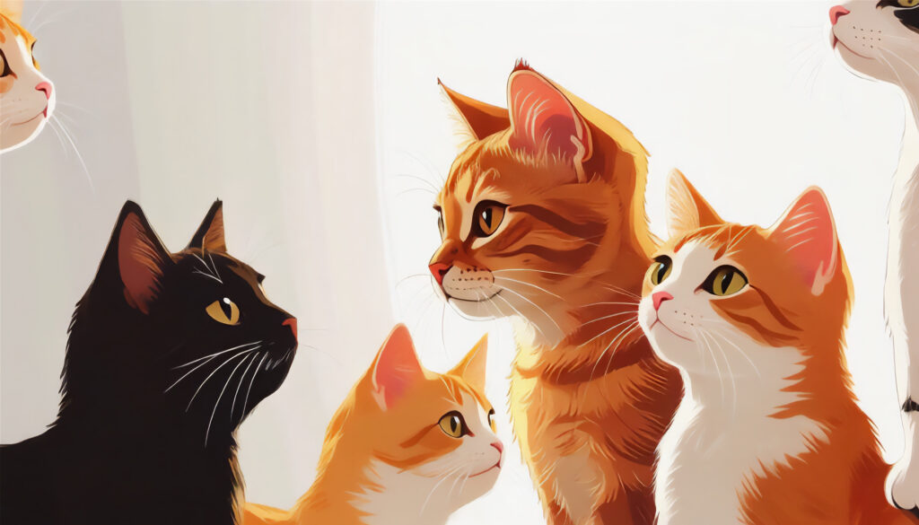 やさしい光の中で集う、個性豊かな猫たち