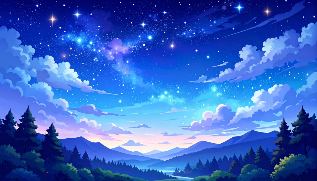 星降る夜、静寂に包まれた山あいの風景