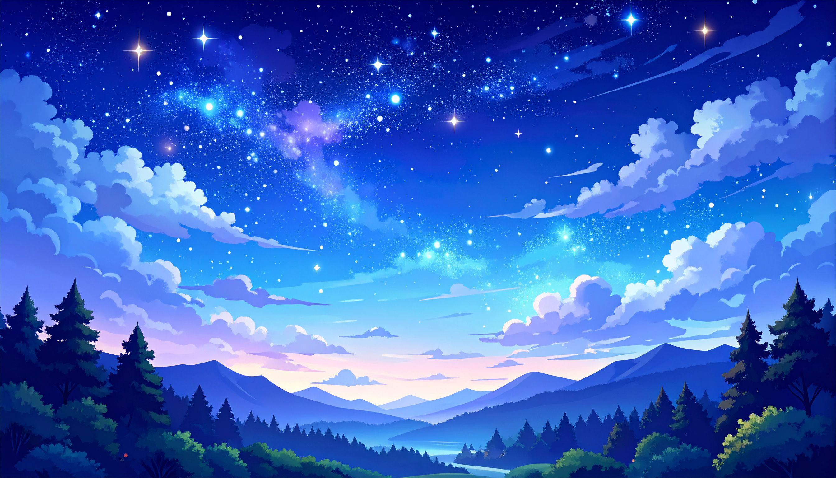 星降る夜、静寂に包まれた山あいの風景