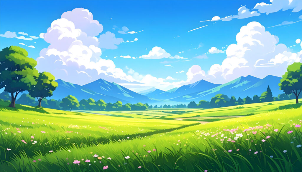 青空と雲が広がる緑の大地