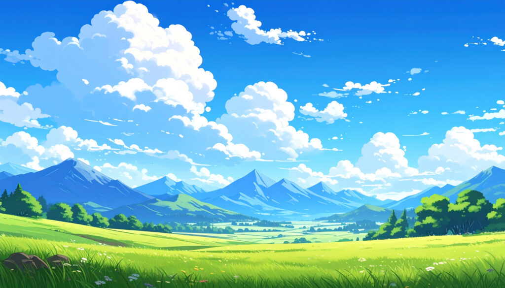 青空と雲が広がる緑の大地2