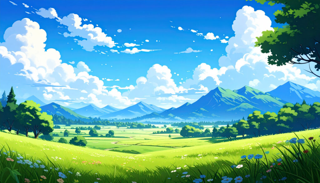 青空と雲が広がる緑の大地4